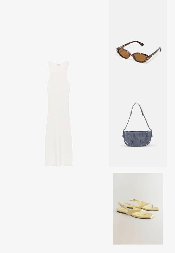 Hvid, ærmeløs, ribbet strikkjole med en tætsiddende silhuet, der når under knæene. Enkel og minimalistisk design uden mønstre eller hardware.; Gule flade sandaler med en struktureret kunstlæderoverdel, tåpostdesign og ankelstrop med en lille spænde. Firkanthælt form, minimalistisk stil.; Skildpaddemønstrede solbriller med ovale linser, brunt farvetone, tynde stænger med et struktureret mønster, letvægts plastisk ramme.; Denim skuldertaske med plisseret design, blå farve, sølvstudsdekorationer langs kanterne og en struktureret rem.