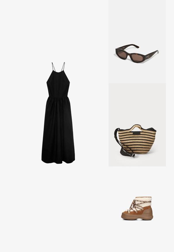 Vestido negro sin mangas con un escote alto, corsé ajustado y falda fruncida. Hecho de una tela suave, presenta tirantes delgados.; Bota de gamuza marrón con puño de borrego blanco, suela de goma bicolor y cordones con patrón. Presenta ojales metálicos para un ajuste seguro.; Gafas de sol en carey marrón con forma rectangular, lentes marrones oscuros y la marca "vogue" en dorado en las patillas.; Bolso de paja a rayas con una parte superior y un asa de tela negra. Incluye una correa desmontable. Presenta una etiqueta de logo oscuro en la parte frontal.; Pendientes de aro en tono dorado con una superficie pulida y suave, con una ligera curvatura y un cierre de bisagra seguro.