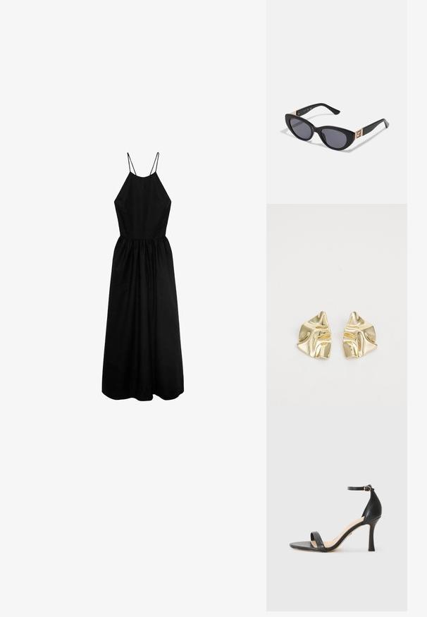 Musta ilmanhiha dressi, jossa on korkea kaula-aukko, hyvin istuva vartalonosa ja kerrottu hame. Valmistettu sileästä kankaasta, jossa on ohuet olkaimet.; Musta nahkainen korkokenkä nilkkahihnalla, avonaisella varpaalla ja sulavalla, kaarevalla kannalla. Teksturoitu pohja ja minimalistinen muotoilu.; Guess Aurinkolasit - shiny black; Kultaiset metalliset korvakorut, joissa on aaltoileva muotoilu; sileä, heijastava pinta; epäsymmetrinen muoto; ei näkyviä kuvioita tai mekanismeja.