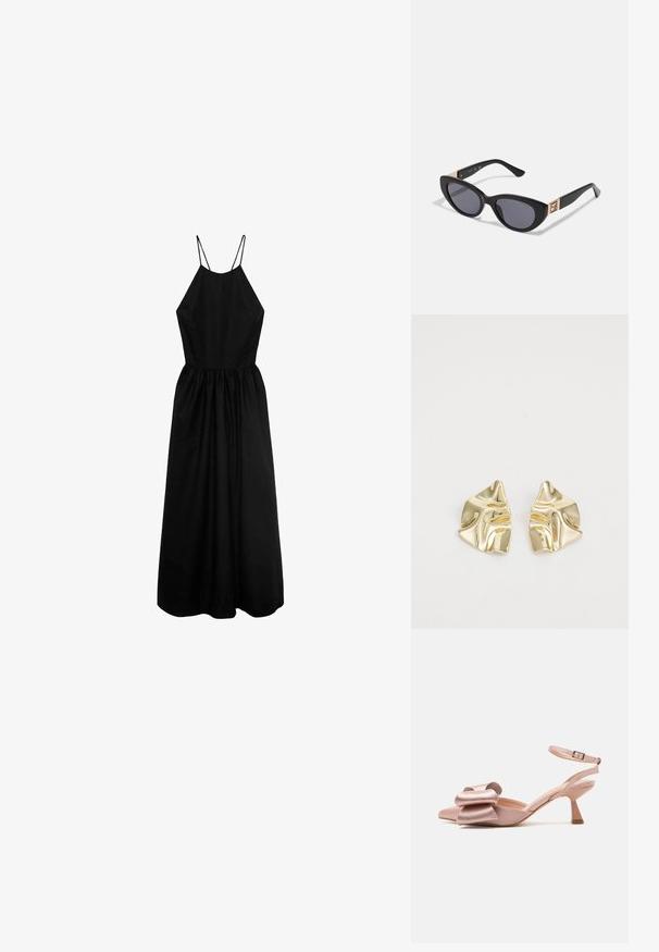 Črna obleka brez rokavov z visokim ovratnikom, prilegajočim trupom in nabranim krilom. Narejena iz gladkega materiala, z tankimi naramnicami.; Roza satenska čevlja na peto s slingback dizajnom in pointed toe, okrašena s pentljo spredaj ter ozkim ježkom okoli gležnja. Peta je v obliki ožjega bloka.; Guess Sončna očala - shiny black; Zlati kovinski uhani z valovito zasnovo; gladka, odsevna površina; asimetrična oblika; brez vidnih vzorcev ali kovinskih delov.