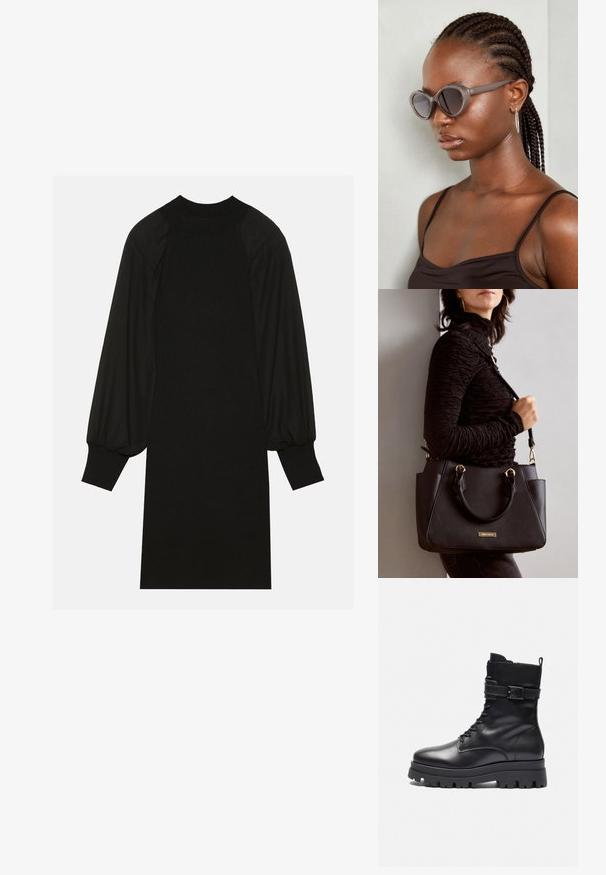 Rochie neagră realizată dintr-un material cu textură canelată, cu mâneci suprapufă și guler înalt. Silueta este dreaptă și ajunge până la genunchi.; Bocanci negri din piele, cu vârful rotund, șireturi în față, detaliu cu cataramă pe lateral și talpă din cauciuc masiv.; Ochelari de soare supradimensionați gri, cu formă rotundă și lentile închise la culoare. Rame din plastic elegante, cu un finisaj neted. Modelul are părul împletit.; Geantă de umăr neagră cu suprafață texturată, cu două mânere superioare și curea de umăr ajustabilă. Dispune de accesorii metalice de culoare aurie și buzunare laterale.