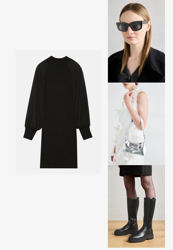 Black dress featuring a ribbed fabric with puffed sleeves and a high neckline. The silhouette is straight and falls to the knee.; Black knee-high boots with a smooth leather exterior, elastic side panels, and a chunky rubber sole featuring a textured tread pattern.; Black cat-eye sunglasses with dark lenses, thick frames, and subtle accents. Worn with a black coat and gray top, featuring long straight hair.; Silver metallic handbag with a structured shape, featuring a top handle and bow detail on the front. Smooth texture, reflective finish.