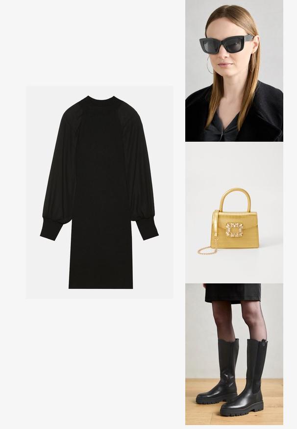 Vestito nero caratterizzato da un tessuto a coste con maniche a palloncino e scollatura alta. La silhouette è dritta e arriva fino al ginocchio.; Stivali neri al ginocchio con esterno in pelle liscia, pannelli laterali elastici e suola in gomma spessa con un motivo di battistrada testurizzato.; Occhiali da sole a forma di occhio di gatto neri con lenti scure, montatura spessa e dettagli sottili. Indossati con un cappotto nero e una maglia grigia, con capelli lunghi e lisci.; Borsa finta coccodrillo gialla con design strutturato, manico superiore, tracolla a catena removibile e abbellimenti in cristallo decorativi sulla chiusura.