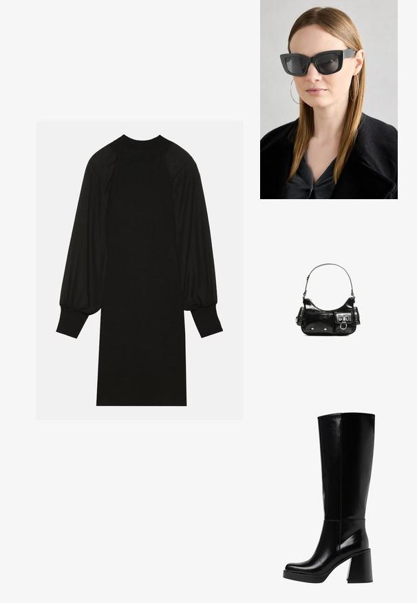 Czarna sukienka wykonana z prążkowanej tkaniny, z bufkami na rękawach i wysokim dekoltem. Sylwetka jest prosta i sięga do kolana.; Czarne kozaki do kolan wykonane z błyszczącego materiału, z masywnym, blokowym obcasem i okrągłym noskiem. Szwy biegną wzdłuż zewnętrznej strony.; Czarne okulary w kocim kształcie z ciemnymi soczewkami, grubymi oprawkami i subtelnymi akcentami. Noszone z czarnym płaszczem i szarym topem, z długimi prostymi włosami.; Czarna torebka z lakierowanej skóry o zaokrąglonym kształcie, z jednym paskiem na ramię, przednimi kieszeniami i akcentami w kolorze srebrnym.