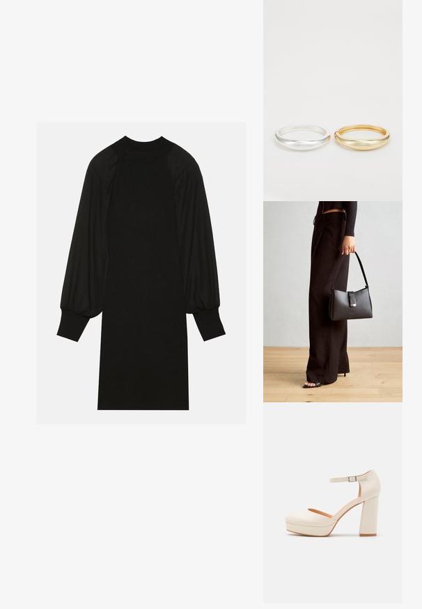 Black dress featuring a ribbed fabric with puffed sleeves and a high neckline. The silhouette is straight and falls to the knee.; Cream-colored platform heels with a rounded toe and adjustable ankle strap. Features a chunky block heel with a slight wood accent.; Black handbag with structured shape, smooth texture, and a metallic clasp. Paired with wide black pants and open-toe sandals on wooden floor.; Zign 2 PACK - Bracelet - gold-coloured/silver-coloured