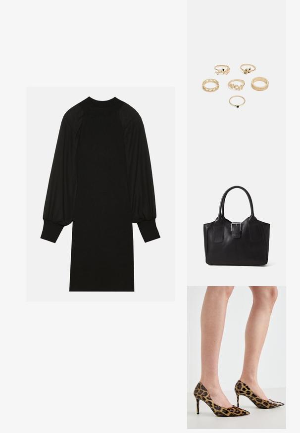 Schwarzes Kleid aus geripptem Stoff mit Puffärmeln und hohem Halsausschnitt. Die Silhouette ist gerade und reicht bis zum Knie.; Leopardenmuster High Heels aus glänzendem Material, mit spitzem Zehenbereich und Stiletto-Absatz, die ein strukturiertes Tiermuster präsentieren.; Schwarze Leder-Tote mit glatter Textur, strukturiertem Design, zwei Griffen und einem auffälligen silbernen Schnallen-Detail auf der Vorderseite.; Set aus sechs goldenen Ringen mit verschiedenen Designs: geflochten, mit Blattmotiven und soliden Bändern; einige mit grünen Edelsteinen akzentuiert.