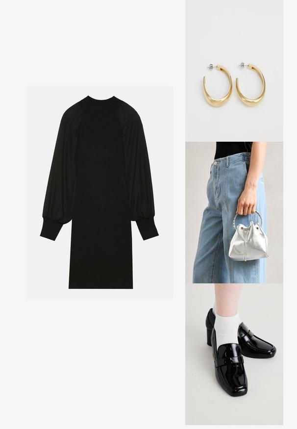 Mustmust kleit, millel on ribatud kangas, puffse varrukad ja kõrge kaelus. Siluett on sirge ja ulatub põlve.; Mustad nahast loafers ruudukujuliste varvaste ja tõstetud kontsaga, millel on sile tekstuur ja silmapaistev horisontaalne riba üle vampi.; Metallik hõbedane ämbritask, millel on tekstuurne viimistlus, kaunistatud hõbeda ümmarguse käepideme ja tõmbluku sulgemisega, hoituna helesiniste teksade vastu.; Kuldse tooniga kõrvarõngad, millel on sile ja kaarjas disain. Valmistatud metallist, omavad nad stiilset viimistlust ja kinnitust tagaküljelt.