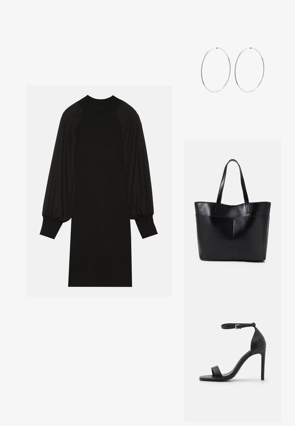 Musta mekko, jossa on ribbikangasta, puffihihoja ja korkea pääntie. Siluetti on suora ja ulottuu polveen.; Mustat korkokengät sandaalit, joissa on tyylikäs muotoilu, nilkkaremmi, avokärkinen malli ja sileä nahkapinta.; Musta nahkainen kassi, jossa on kaksi pitkää kahvaa, sileä pinta ja jämäkkä muoto. Sisältää etutaskun lisävarastointia varten.; Hope hopeita hopeita, joissa on sileä, pyöreä muoto ja kiiltävä pinta. Ne ovat ohuita ja kevyitä, ja niissä on yksinkertainen lukitus.