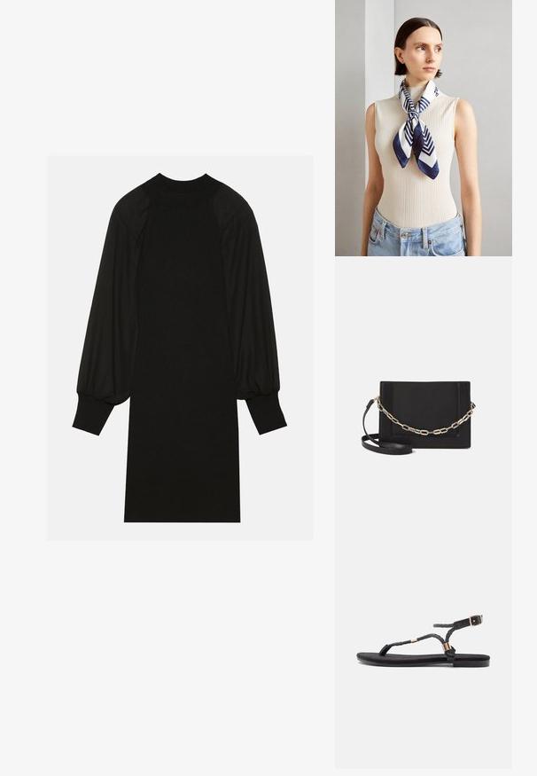 Black dress featuring a ribbed fabric with puffed sleeves and a high neckline. The silhouette is straight and falls to the knee.; Black flat sandals with braided straps and a metallic accent. Features an adjustable buckle and flat rubber sole for comfort.; Silk scarf in navy blue and white with a geometric zigzag pattern. Smooth texture, tied neatly around the neck, complementing a ribbed top.; Black leather crossbody bag featuring a smooth texture, rectangular shape, and a metallic chain detail on the front. Adjustable strap included.
