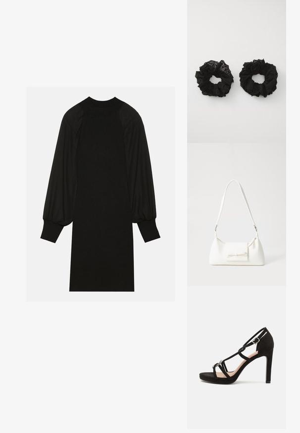 Fekete ruha bordázott anyagból, puffos ujjakkal és magas nyakkivágással. Az ív egyenes, és térdig ér.; Fekete velúr magas sarkú szandál keresztezett pántokkal, díszes ezüstszínű akcentussal és emelt talprésszel a nagyobb magasságért.; Fehér szintetikus kézitáska, háromszög alakú, lapos előlap, masni részlettel, állítható pánttal, sima textúrával és minimalista dizájnnal.; Fekete szövet hajgumik fodros textúrával, szemfúrásos mintákkal. Két méretben, mindkettő puha, finom kidolgozással.; Fekete szövet hajgumik fodros textúrával, szemfúrásos mintákkal. Két méretben, mindkettő puha, finom kidolgozással.