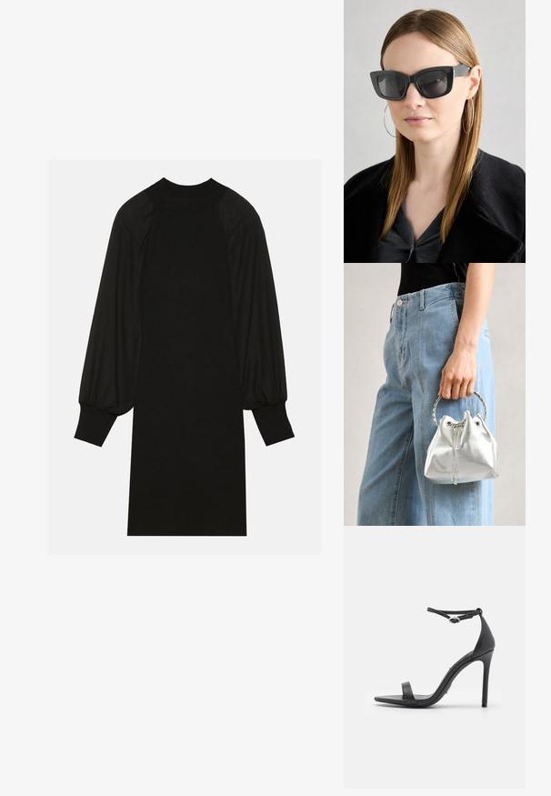 Sorte kjole med ribbet stoff, puffermer og høy hals. Silhuetten er rett og faller til kneet.; Sorte høyhælte sandaler med åpen tå, tynne stropper og ankelspenne. Glatt lærtekstur med spiss tå-design.; Sorte katteøyne solbriller med mørke linser, tykke rammer og subtile detaljer. Båret med en svart frakk og grå topp, med langt, rett hår.; Sølvfarget metallic bøtteveske med tekstur, dekorert med et rundt sølvhåndtak og snøring, holdt mot lyseblå jeans.; Fire sølvringer med varierende design: vridd ring, lagdelte kurver, delikate krystaller, og en glatt ring med små detaljer.