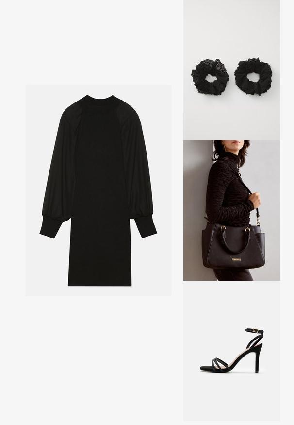 Vestido preto com um tecido canelado, mangas bufantes e colo alto. A silhueta é reta e cai até ao joelho.; Anna Field Sandálias - black; Bolsa preta com superfície texturizada, alças superiores duplas e alça de ombro ajustável. Apresenta ferragens em tom dourado e bolsos laterais.; Fivelas de tecido preto com uma textura franzida, apresentando padrões de ilhós. Dois tamanhos, ambos macios, com um acabamento delicado.