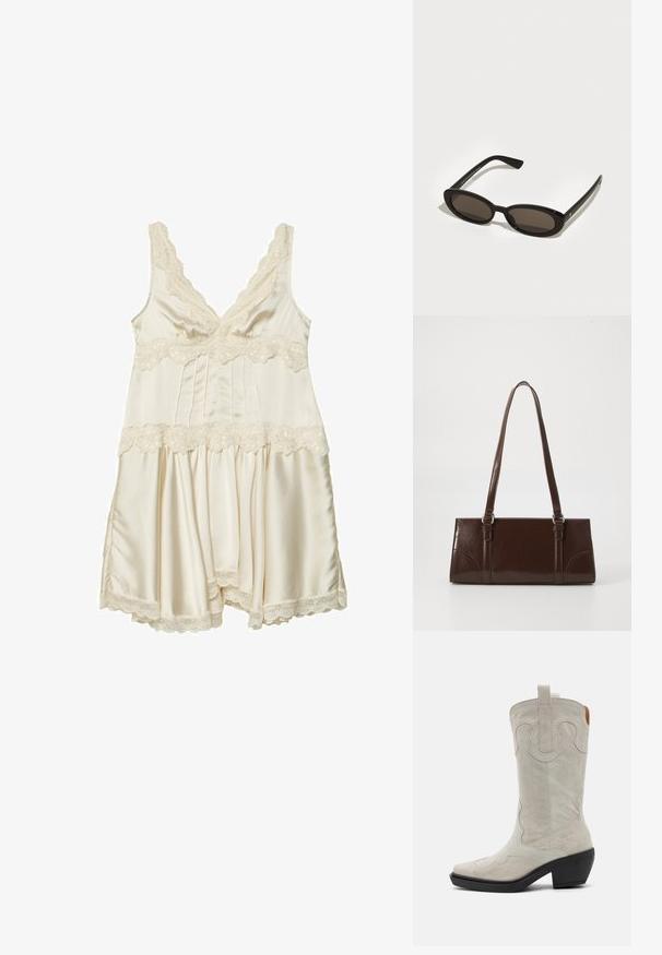 Kremowa satynowa nocna koszula z koronkowym wykończeniem, z dekoltem w serek, regulowanymi ramiączkami, plisowanym biustem i rozkloszowaną spódnicą z falbaniastymi brzegami.; Białe zamszowe kowbojki z wydłużonym noskiem, ozdobnym haftem i niskim obcasem blokowym. Posiadają pętelkę na górze ułatwiającą zakładanie.; Czarne okulary przeciwsłoneczne z oválnymi, półramkowymi soczewkami. Błyszczące oprawki i eleganckie zauszniki. Ciemne soczewki z minimalnymi detalami w hardware.; Brązowa torebka z lakierowanej skóry o prostokątnym kształcie, z dwiema długimi rączkami i subtelnymi zaokrągleniami z przodu.