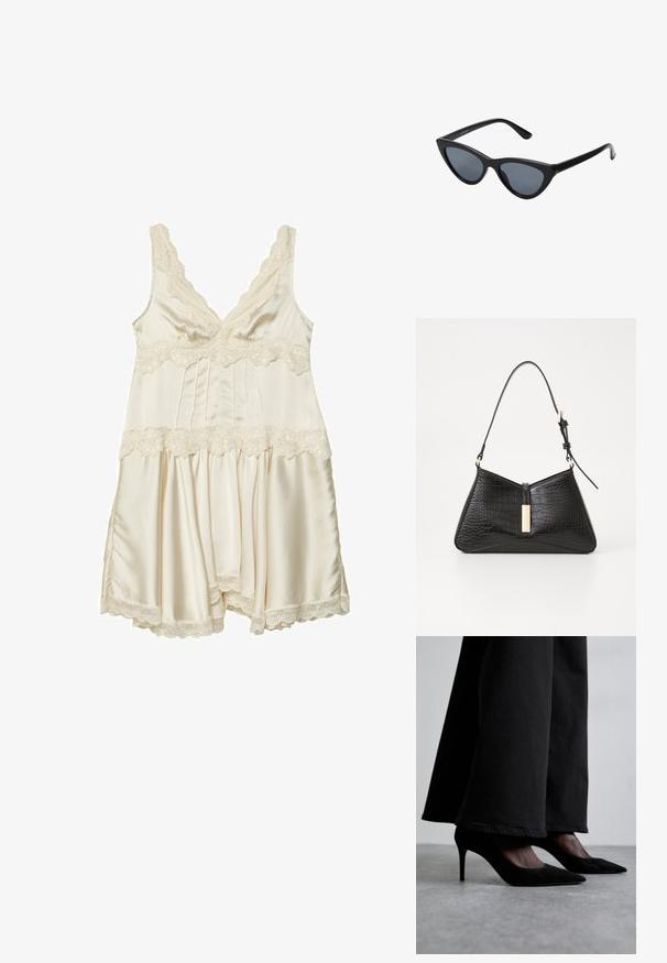 Nuisette en satin crème avec des détails en dentelle, présentant un col en V, des bretelles ajustables, un corsage plissé et une jupe évasée avec des bords à la forme ondulée.; Des chaussures à talons hauts en suede noir avec des bouts pointus, portées avec un pantalon large noir, présentent un design élégant et un léger éclat.; Lunettes de soleil noires en forme d'œil de chat avec des verres gris foncé, monture en plastique élégante, coins pointus et branches droites. Pas de métal visible ni d'accents.; Sac à main noir en matériau imitation croco, doté d'une forme triangulaire, d'une fine sangle pour l'épaule et d'un accent en métal doré au centre.; Bracelet à manche doré avec une surface lisse et ondulée, présentant un intérieur texturé et un design ouvert, créant une forme organique.