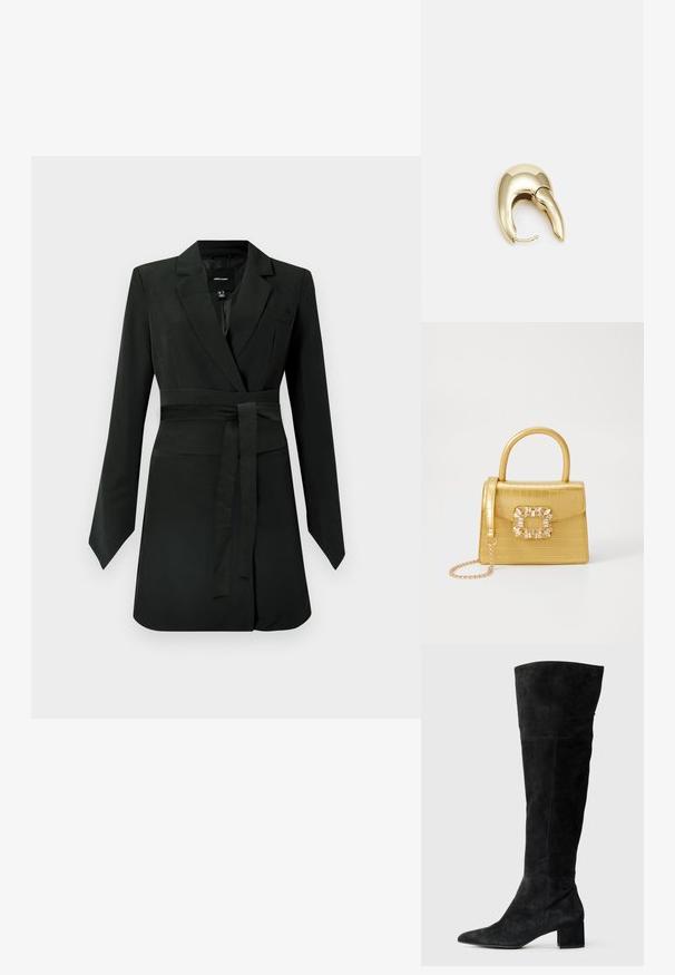 Crna haljina sako s dugim rukavima, strukom ušuškanim i remenom za vezanje. Ima rever s urezom i glatku, strukturiranu tkaninu.; Crne čizme do koljena od brušene kože, sa špicastim vrhom i blok petom. Glatka tekstura s vertikalnim šavovima.; Žuta torbica od umjetnog krokodila sa strukturiranim dizajnom, gornjom ručkom, odvojivim lančićem i dekorativnim kristalnim ukrasom na kopči.; Zlatne metalne naušnice s elegantnim, zakrivljenim dizajnom. Imaju karakterističan šiljast oblik, poliranu površinu i zatvaranje na šarku.