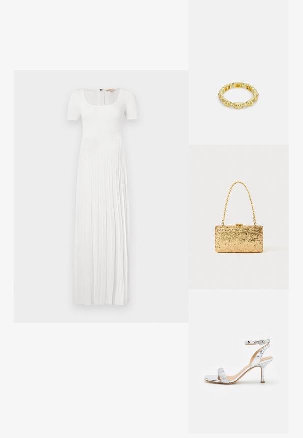 Lang hvid ribbet kjole med firkantet halsudskæring og korte ærmer. Har lodrette plisseringer og en lynlås på ryggen. Blød tekstur.; Sølv højhælede sandaler med et struktureret reptilmuster, ankelrem og en tynd stilettohæl, der viser et slankt, minimalistisk design.; Gylden paliet pung i rektangulær form, med et snoet kædehåndtag og en metalspænde lukning, der reflekterer lys med en struktureret overflade.; Guldtonet ring med en tekstureret design, prydet med runde accenter og små klare sten sat i et cirkulært bånd.