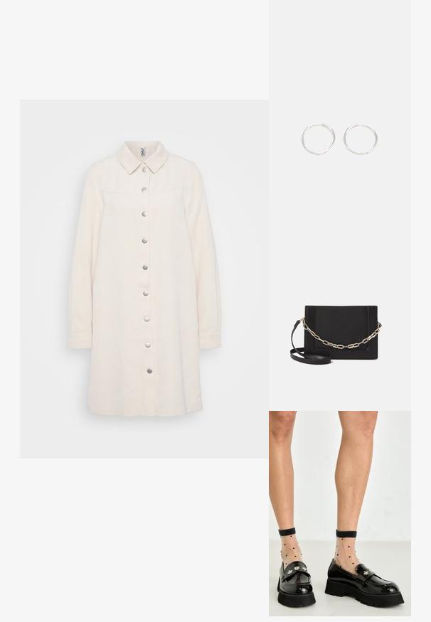 Világos bézs kordbársony gombos ruha gallérral, hosszú ujjakkal, függőleges bordázott textúrával és fémből készült patentgombokkal az elején.; Fekete lakkbőr loaferek vastag talppal, díszes ezüst hardware-rel. Átlátszó pöttyös bokazoknival párosítva.; Fekete bőr keresztpántos táska, sima textúrával, téglalap alakú és fém lánc részlettel az elején. Állítható pánttal ellátva.; Ezüst karika fülbevalók, letisztult, kerek formával, sima felülettel és látható díszítés nélkül. A átmérő nem megadott.