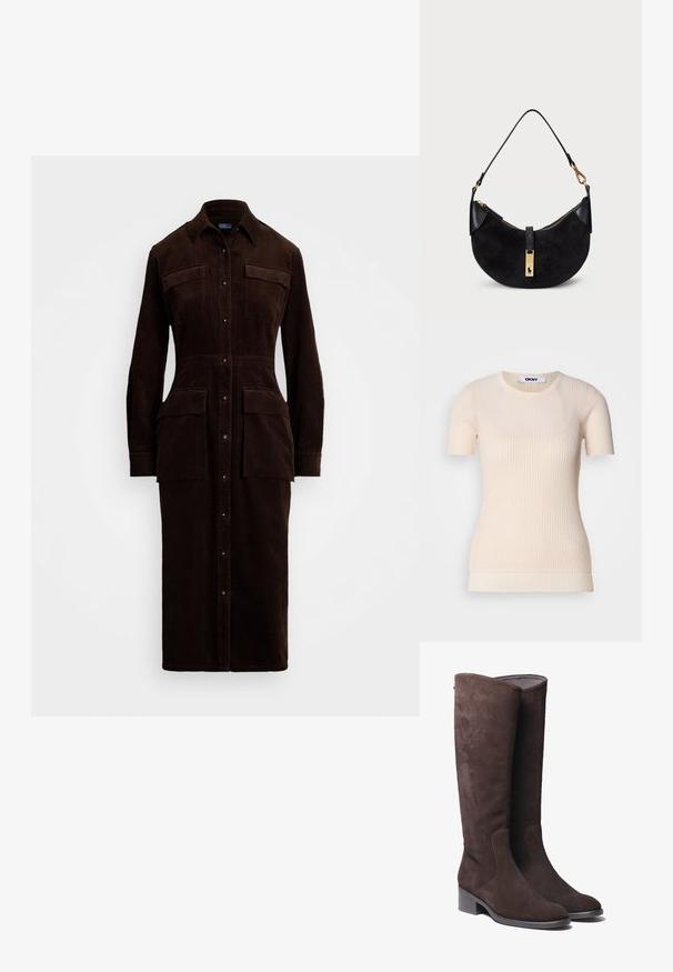 Vestido camisero de pana marrón con cierre de botones en la parte delantera, dos bolsillos en el pecho y dos bolsillos laterales. Mangas largas con puños abotonados.; Top corto de manga corta de color crema con escote redondo. Fabricado en un material suave, presenta una silueta ajustada y una textura sutil. Etiqueta de DKNY visible.; Botas de ante marrón hasta la rodilla con punta ligeramente redondeada y tacón bajo tipo bloque. Presentan detalles de costura sutil a lo largo de los costados.; Bolso negro con forma curva, hecho de ante y cuero, con cremallera de tono dorado y detalle de logo. Incluye un asa corta.