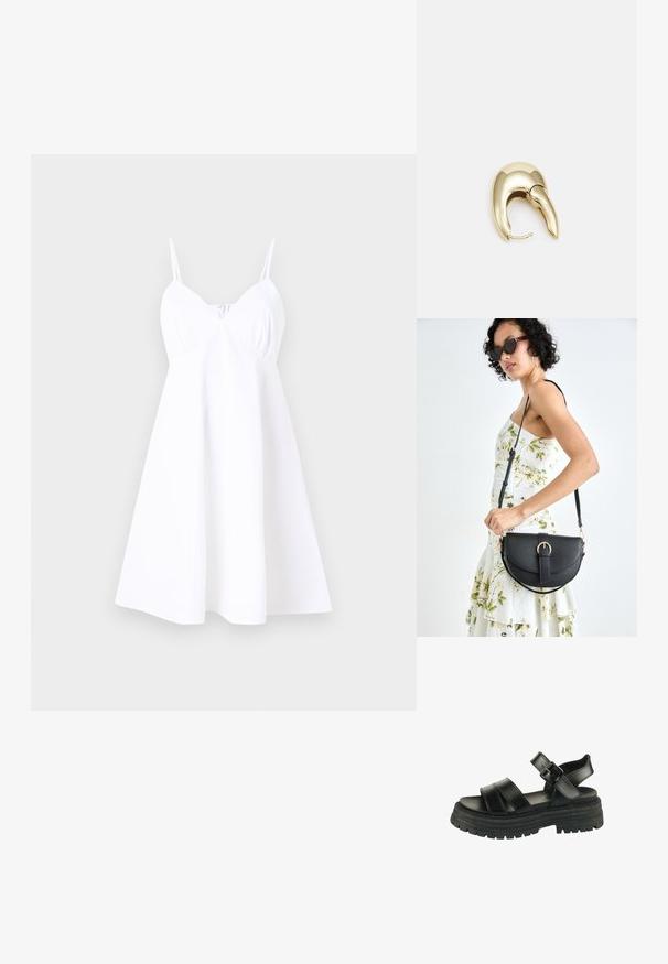 White sleeveless dress with a fitted bodice and flared skirt. Made from lightweight fabric, features delicate gathering at the front.; Black leather sandals with three wide straps and adjustable ankle buckle. Thick rubber sole with textured tread for grip.; Black leather handbag with a curved shape, detachable strap, and gold hardware. The bag features a flap with a buckle detail.; Gold-tone metal earring with a sleek, curved design. Features a distinctive pointed shape, polished surface, and hinge closure.