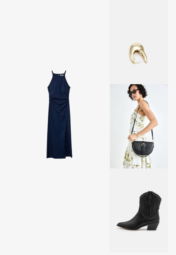 Granatowa sukienka bez rękawów z dopasowanym topem, drapowanymi detalami po bokach i rozcięciem z boku. Gładki materiał i zamek z tyłu.; Czarne skórzane kowbojki z szpiczastymi noskami, dekoracyjnym haftem i metalowymi nitami na górze. Złożony obcas i teksturowane wykończenie.; Czarna skórzana torebka o zakrzywionym kształcie, z odpinanym paskiem i złotymi akcentami. Torebka posiada klapę z zapięciem w kształcie klamry.; Złote metalowe kolczyki o eleganckim, zakrzywionym kształcie. Posiadają charakterystyczny szpiczasty kształt, polerowaną powierzchnię oraz zapięcie na zawias.
