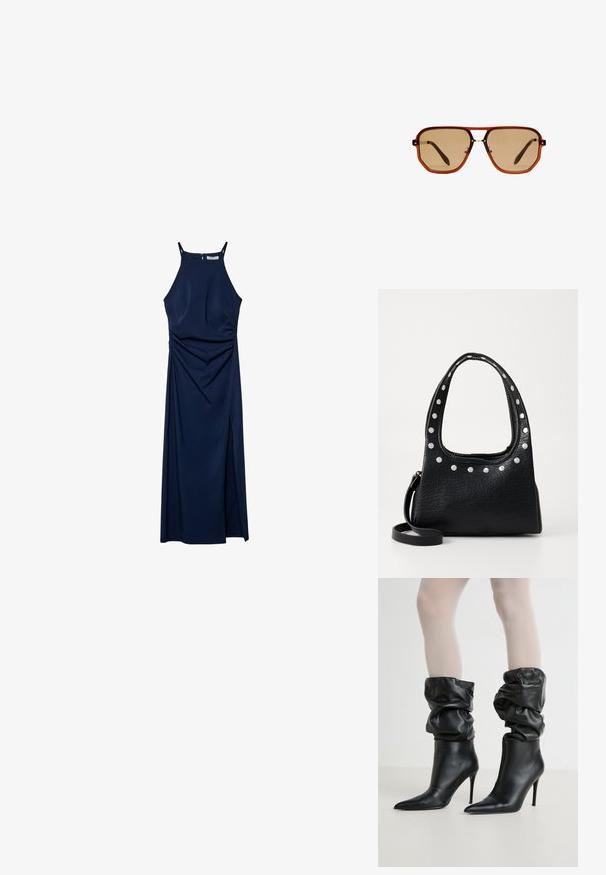 Marineblaue ärmellose Kleid mit angepasstem Oberteil, drapierten Seitendetails und einem Seitenschlitz. Glattes Material und Reißverschluss hinten.; Schwarze Leder-Ankle-Boots mit einem lässigen Design, spitzem Zehenbereich und hohem Stiletto-Absatz, die einen weichen, strukturierten Abschluss am Schaft haben.; Braune achteckige Sonnenbrille mit einem transparenten, bernsteinfarbenen Rahmen und braun getönten Gläsern. Verfügt über eine Metallverzierung am Steg und schlanke Bügel.; Schwarze, strukturierte Lederhandtasche mit silbernen Nieten entlang der Oberkante und der Griffe, ausgestattet mit einem kurzen Griff und einem abnehmbaren Schulterriemen.