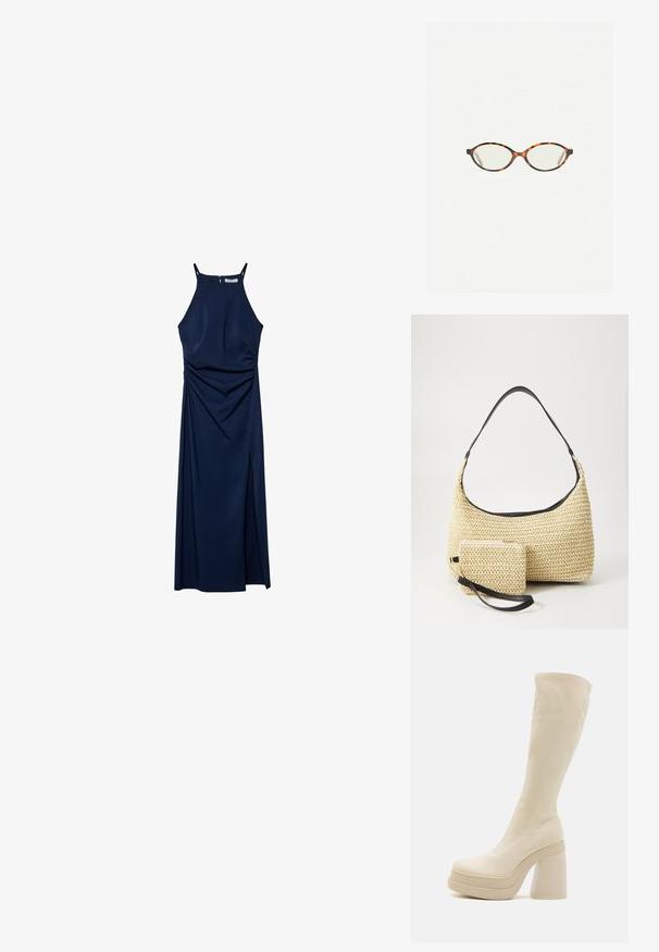 Námornícky modré šaty bez rukávov so priliehavým trupom, drapovanými bočnými detailmi a bočným rozparkom. Hladká látka a zips na zadnej strane.; Even&Odd Topánky na vysokom opätku - off-white; Korytnačkové okuliare s oválnymi šošovkami a hladkým, lesklým povrchom. Majú tenké strany s jemným zakrivením na spánkoch. Priehľadné šošovky.; Tkaná slamenná kabelka s prehnutým siluetom, vybavená hladkým čiernym koženým popruhom a zodpovedajúcou malou taštičkou pripevnenou pomocou zápästného popruhu.