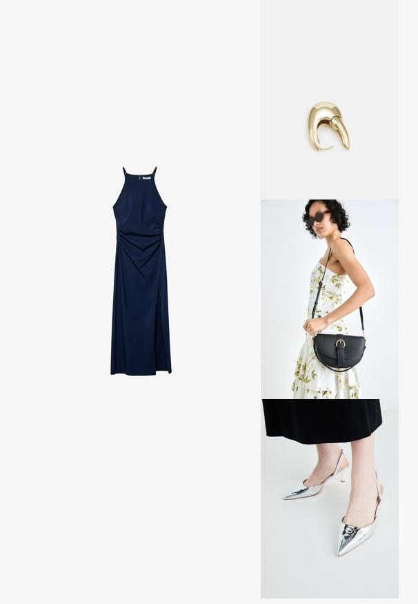 Námornícky modré šaty bez rukávov so priliehavým trupom, drapovanými bočnými detailmi a bočným rozparkom. Hladká látka a zips na zadnej strane.; Strieborné lodičky s ostrou špičkou a tenkým opätkom, s lesklým povrchom. Minimalistický dizajn s hladkou textúrou a otvorenou zadnou časťou.; Čierna kožená kabelka s zaobleným tvarom, odnímateľným popruhom a zlatými doplnkami. Kabelka má klopu s detailom s prackou.; Náušnice z kovu v zlatej farbe s elegantným, zakriveným dizajnom. Majú charakteristický špicatý tvar, leštený povrch a uzáver na pánt.