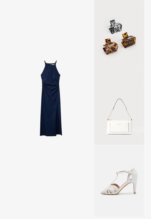 Marineblaue ärmellose Kleid mit angepasstem Oberteil, drapierten Seitendetails und einem Seitenschlitz. Glattes Material und Reißverschluss hinten.; Weiße High-Heel-Sandale mit überkreuzten Riemen, einem T-Bar-Design, glatter Textur und spitzem Zehenbereich. Sie verfügt über einen schlanken Absatz und einen Schnallenverschluss.; Weißes Lederhandtasche mit strukturierter Oberfläche, ausgestattet mit einem goldenen Kettenriemen und schwarzen Akzenten. Enthält eine Fronttasche und einen Reißverschluss.; Weißes Lederhandtasche mit strukturierter Oberfläche, ausgestattet mit einem goldenen Kettenriemen und schwarzen Akzenten. Enthält eine Fronttasche und einen Reißverschluss.; Drei Haarklammern: eine schwarz-weiß marmorierte, zwei schildpattfarbene in Braun- und schwarzem Farbton, alle aus glänzendem Kunststoff mit einer strukturierten Oberfläche.