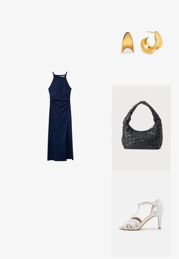 Granatowa sukienka bez rękawów z dopasowanym topem, drapowanymi detalami po bokach i rozcięciem z boku. Gładki materiał i zamek z tyłu.; Białe sandały na wysokim obcasie z krzyżującymi się paskami, designem w kształcie litery T, gładką fakturą i szpiczastym noskiem. Posiadają smukły obcas i zapięcie na klamrę.; Czarna skórzana torebka na ramię pleciona, z okrągłym uchwytem i kształtem półksiężyca na jednolitym tle.; Złote metalowe kolczyki o płynnej, rzeźbiarskiej formie. Jeden kolczyk ma gładki, zaokrąglony kształt, podczas gdy drugi charakteryzuje się wyraźną falistą formą.