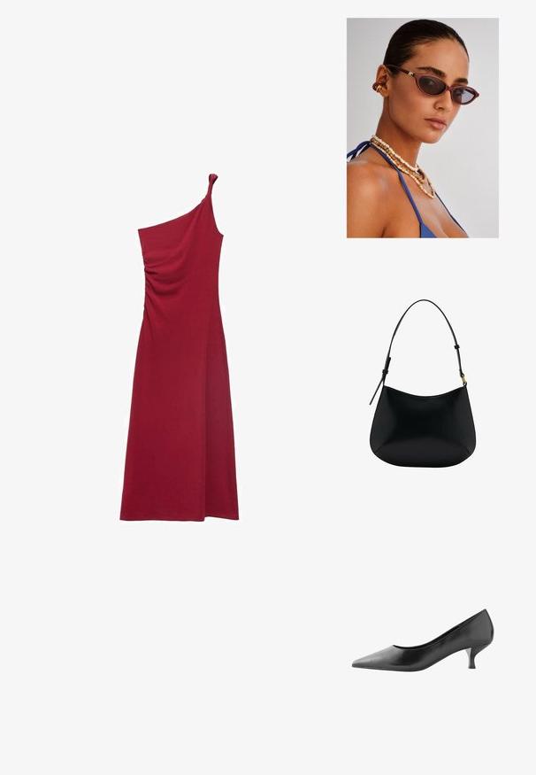 Én-skulder, rynket rød kjole med en flydende silhuet, ideel til formelle lejligheder eller aftenbrug.; Next FOREVER COMFORT COURT - Pumps - mottled black; Maronfarvede katteøje-solbriller med mørke linser, indviklede brune perlekæder og en blå stoftop. Glat hud med en naturlig finish.; Sort læder skuldertaske med en glat tekstur, buet form og justerbar hank. Har minimal syning og et enkelt design.