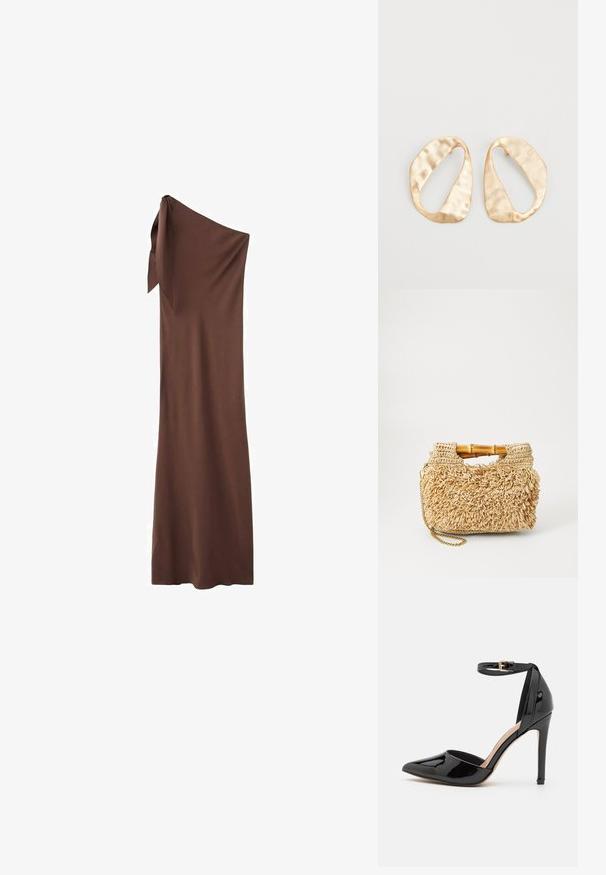 Browni yhden olkapään mekko, joka on valmistettu sileästä kankaasta ja jossa on solmukohta olkapäässä sekä pitkä, laskostuva siluetti.; Musta lakattu korkokenkä, jossa on terävä kärki, nilkkaremmi ja hoikka stilettokorko. Sileä pinta, jossa kiiltävä viimeistely.; Kudotusta oljista valmistettu käsilaukku, jossa on bambukahvat. Laukku on koristeltu tekstuurilla ja hapsuilla luonnollisessa beigeissä värissä sekä kultaketjuhihnalla.; Pari epämuodostuneita soikeita kultasävyisiä metallikorvakoruja, joissa on teksturoitu, hieman hakattu pinta valkoista taustaa vasten.