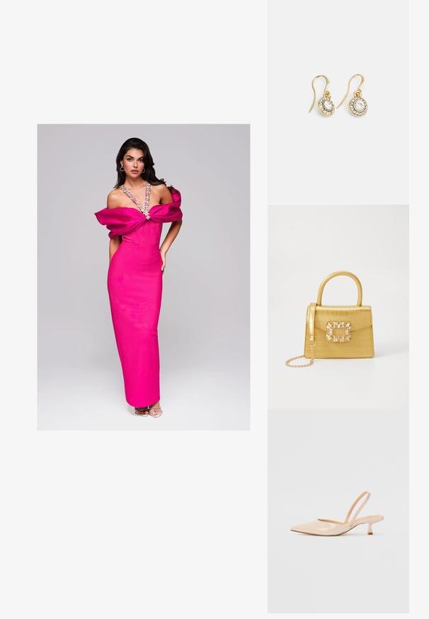 Langes pinkes Abendkleid mit schulterfreien Ärmeln, einer figurschmeichelnden Silhouette und verziertem Ausschnitt. Glatte Textur und bodenlanger Schnitt.; Beige Lackleder Slingback-Pumps mit spitzem Vorderteil und einem schlanken, quadratischen Absatz. Glatte Textur und minimalistisches Design ohne Verzierungen.; Gelbe Kunstleder-Handtasche im Krokodil-Look mit strukturiertem Design, Obergriff, abnehmbarem Kettenriemen und dekorativer Kristallverzierung am Verschluss.; Goldfarbene Ohrringe mit ovalen klaren Kristallen, die von kleineren klaren Steinen umgeben sind, und einem Haken-Design für sicheren Halt.