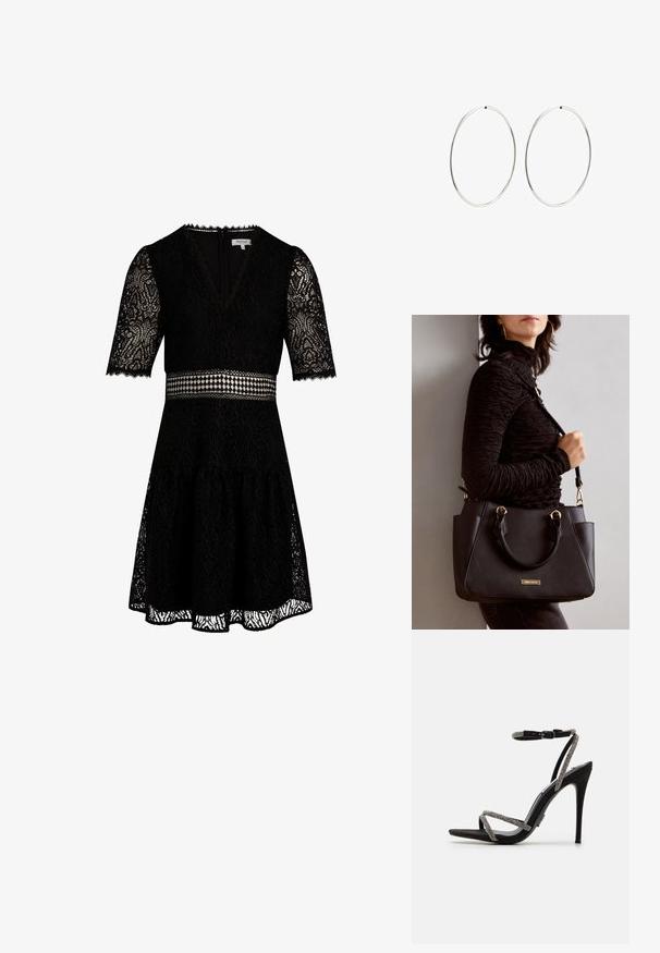 Schwarzes Spitzenkleid mit V-Ausschnitt, kurzen Ärmeln und einem ausgestellten Rock. Es verfügt über intricate Blumenmuster und einen gemusterten Tailleneinsatz.; Schwarze High-Heels-Sandalen mit dünnen, mit Schmuck besetzten Riemen und einer Schnalle am Knöchel. Aus Wildleder, offen an den Zehen und mit einer eleganten, spitzen Silhouette.; Schwarze Handtasche mit strukturierten Oberflächen, doppelten Obergriffen und verstellbarem Schultergurt. Mit goldfarbener Hardware und Seitentaschen.; Silberne Creolen mit einem glatten, runden Design und einer polierten Oberfläche. Sie sind dünn und leicht und verfügen über einen einfachen Verschluss.