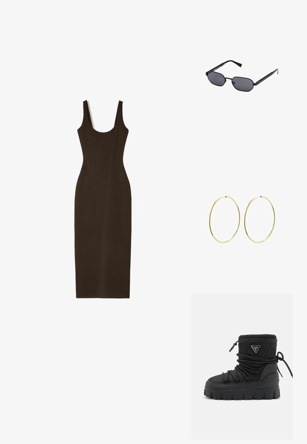 Bershka STRAPPY - MIDI  - Tubino - mottled dark brown; Stivale nero trapuntato e impermeabile con colletto in finta pelliccia, suola in gomma e dettagli in pizzo. Presenta una placca con logo sul lato.; Guess UNISEX - Occhiali da sole - shiny black; Orecchini a cerchio in oro con un design liscio e arrotondato. Sottili e leggeri, con un anello continuo privo di decorazioni.