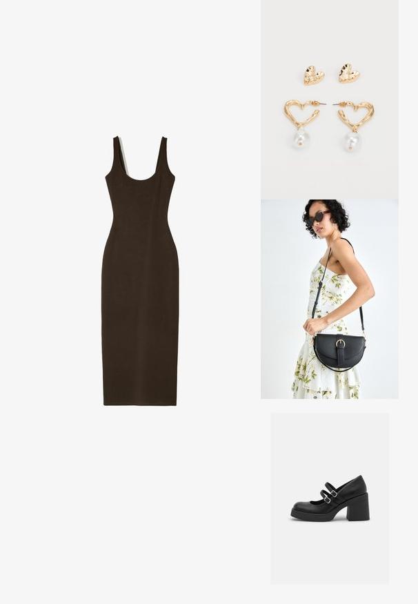 Bershka STRAPPY - MIDI - Etuikleid - mottled dark brown; Call it Spring MONROE - Plateaupumps - black smooth; Schwarze Lederhandtasche mit geschwungener Form, abnehmbarem Tragegurt und goldenen Beschlägen. Die Tasche verfügt über einen Deckel mit einer Schnallen-Details.; Herzförmige Ohrringe in Goldton mit strukturierter Oberfläche, mit einem hängenden Perlenakzent. Einschließlich passender Herz-Stiftohrringe.