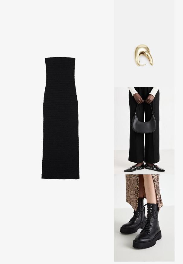 Schwarzes, eng anliegendes Midikleid aus strukturiertem Stoff. Es verfügt über eine schulterfreie, gerade Silhouette mit einem glatten, nahtlosen Design.; Schwarze Lederkampfstiefel mit dicken Gummisohlen, Schnürverschluss vorne und metallischen Ösen. Strukturleder und kontrastierendes Plattformdesign.; Schwarze Leder-Schultertasche mit runder Form, glänzender Oberfläche und silbernem Beschlag. Person trägt schwarze weit geschnittene Hosen und Nieten-Loafers.; Ohrringe aus goldfarbenem Metall mit einem schlanken, geschwungenen Design. Sie verfügen über eine markante, spitze Form, eine polierte Oberfläche und einen Scharnierverschluss.
