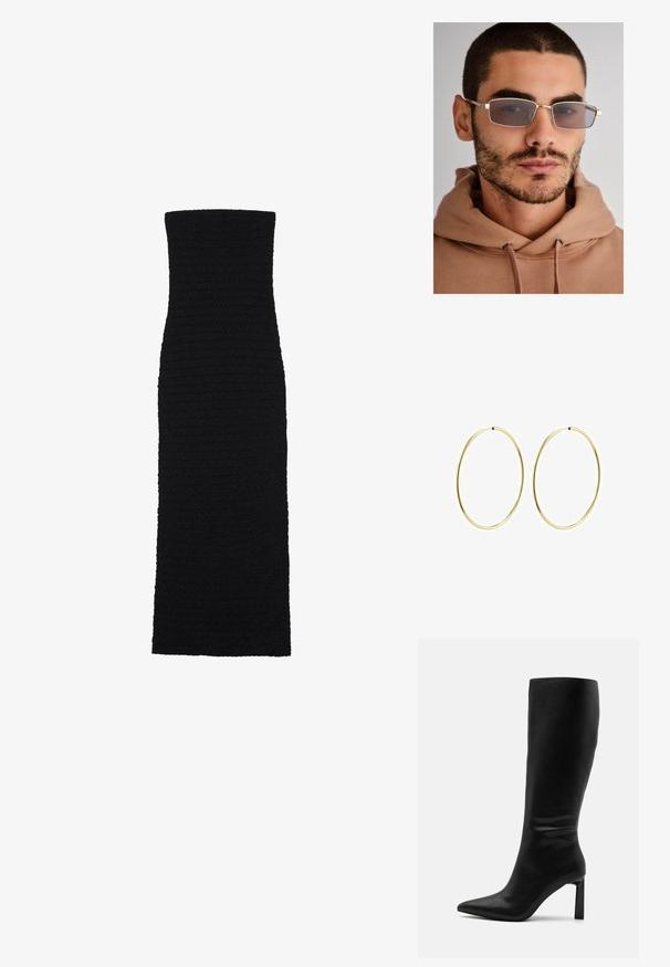 Čierne, priliehavé midi šaty vyrobené z textúrovanej látky. Majú bezramienkový, priamy strih s hladkým, bezšvovým dizajnom.; Even&Odd Čižmy - black; Šedé obdĺžnikové slnečné okuliare s tenkými kovovými rámami, veľkými šošovkami a jemným hnedým nádychom. Nosia sa s béžovou mikinou. Neutrálny pozadie.; Zlaté kruhové náušnice s hladkým, zaobleným dizajnom. Tenké a ľahké, s nepřerušeným okruhom bez akýchkoľvek ozdôb.