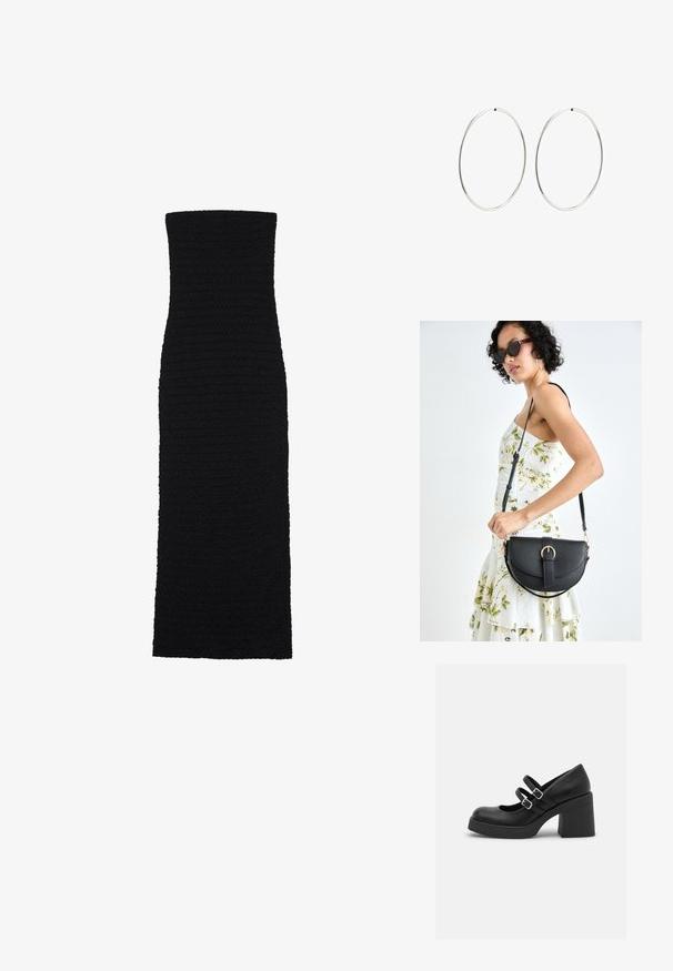 Svart, kroppsnära midiklänning i texturerad tyg. Har en axelbandslös, rak silhuett med en slät, sömlös design.; Call it Spring MONROE - Platåpumps - black smooth; Svart läderhandväska med en böjd form, avtagbar rem och guldiga detaljer. Väskan har ett lock med en spänndetalj.; Silverfärgade hoopörhängen med en slät, rund design och en polerad yta. De är tunna och lätta, med en enkel spänne.