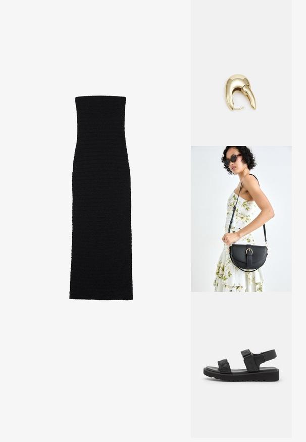 Čierne, priliehavé midi šaty vyrobené z textúrovanej látky. Majú bezramienkový, priamy strih s hladkým, bezšvovým dizajnom.; Čierne platformové sandále s prešívanými popruhmi, otvorenou špičkou a nastaviteľným popruhom na členku. Textúrovaná gumová podrážka so zigzagovým vzorom pre lepšiu priľnavosť.; Čierna kožená kabelka s zaobleným tvarom, odnímateľným popruhom a zlatými doplnkami. Kabelka má klopu s detailom s prackou.; Náušnice z kovu v zlatej farbe s elegantným, zakriveným dizajnom. Majú charakteristický špicatý tvar, leštený povrch a uzáver na pánt.