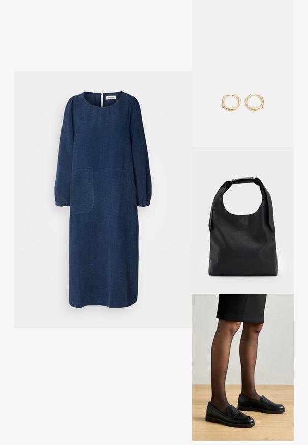 Marineblå fløjlskjole med lange pufærmer, rund halsudskæring, to forlommer og et nøglehul i ryggen. Blødt, tekstureret stof.; Sorte læder loafers med en struktureret panel, gummisål og rund tå, iført med gennemsigtige sorte strømpebukser og en tætsiddende nederdel.; Sort læder hobo taske med et enkelt, blødt, rundt håndtag; har en glat tekstur og et minimalistisk design. Ingen synligt hardware eller accenter.; Gul hoop ørestikker med en struktureret, uregelmæssig form. Har en sømløs lukning og en poleret overfladefinish, der fremhæver et moderne design.