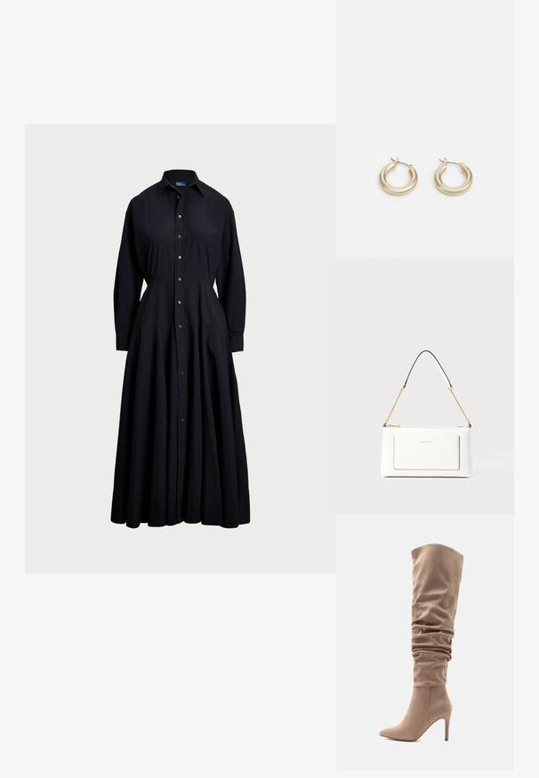 Robe noire à boutons, fabriquée en tissu léger. Elle possède un col, des manches longues, une jupe évasée et un design à boutons sur le devant.; Botte en simili daim beige allant au-dessus du genou avec un design décontracté, un bout pointu et un talon aiguille de 10 cm. Texture lisse et style minimaliste.; Sac à main en cuir blanc avec un fini texturé, doté d'une bandoulière en chaîne dorée et d'accents noirs. Comprend une poche avant et une fermeture éclair.; Lauren Ralph Lauren BASIC SMALL HOOP - Boucles d'oreilles - gold-coloured