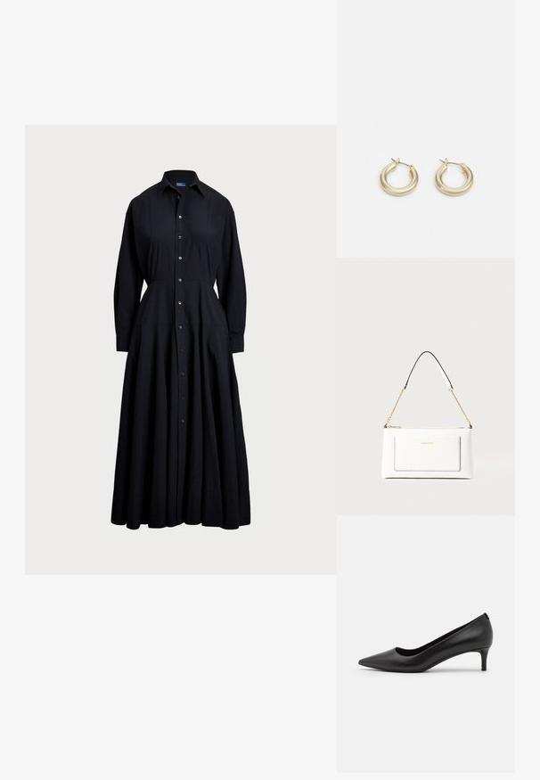 Zwarte blousejurk gemaakt van lichtgewicht stof. Kenmerkt zich door een kraag, lange mouwen, een volle rok en een knoopsluiting aan de voorkant.; Zwarte leren pump met spitse neus en een lage hak. Soepele textuur, strakke design en subtiele details bij de hak.; Witte leren handtas met een textuurafwerking, voorzien van een gouden schouderhengsel en zwarte accenten. Inclusief een voorvak en ritssluiting.; Lauren Ralph Lauren BASIC SMALL HOOP - Oorbellen - gold-coloured