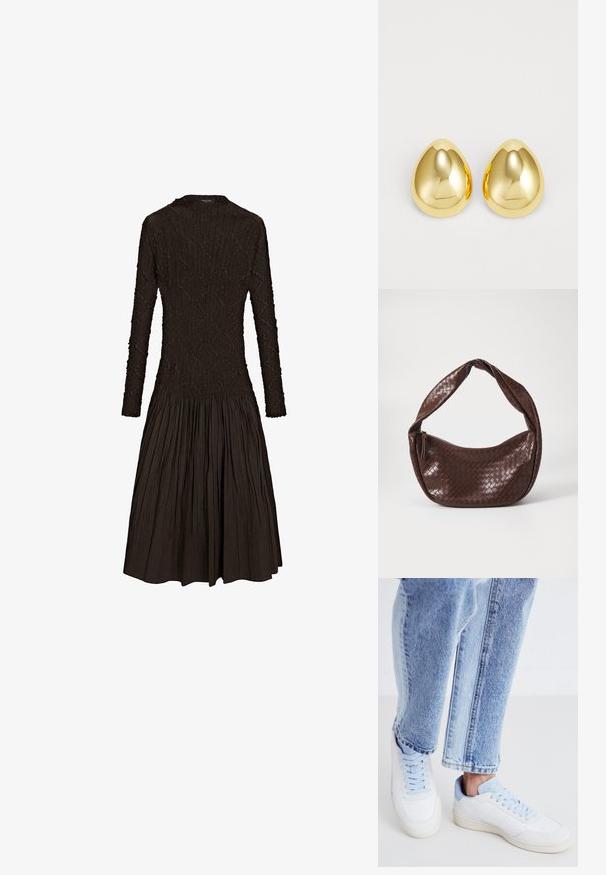 Long-sleeve brown dress featuring a textured bodice with a fitted waist, transitioning to a pleated flared skirt. Round neckline, no visible hardware.; White sneakers with light blue accents, textured leather, perforated detailing, and flat laces, paired with cropped light blue denim jeans.; Brown woven leather handbag with a curved, knotted handle and a zippered closure. Smooth texture and rounded shape.; Gold-colored stud earrings with a smooth, polished surface and a teardrop shape, reflecting light for a shiny finish.