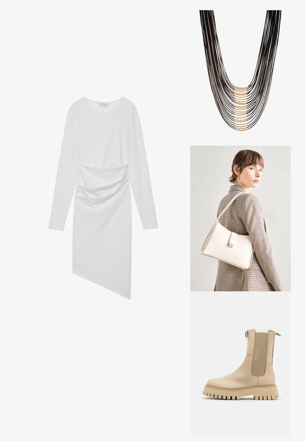 Vit långärmad klänning med rundad halsringning, rynkdetaljer vid midjan och asymmetrisk nederkant. Slät tyg med en lätt lyster.; Bronx GROOV-Y - Platåstövletter - camel; Vit läderhandväska med en strukturerad design, med en magnetknäppning och en axelrem, visad mot en neutral bakgrund.; Svart flertrådig halsband med sammanflätade trådar och guldfärgade accenter, som skapar en skiktad design med varierande längder och texturer.