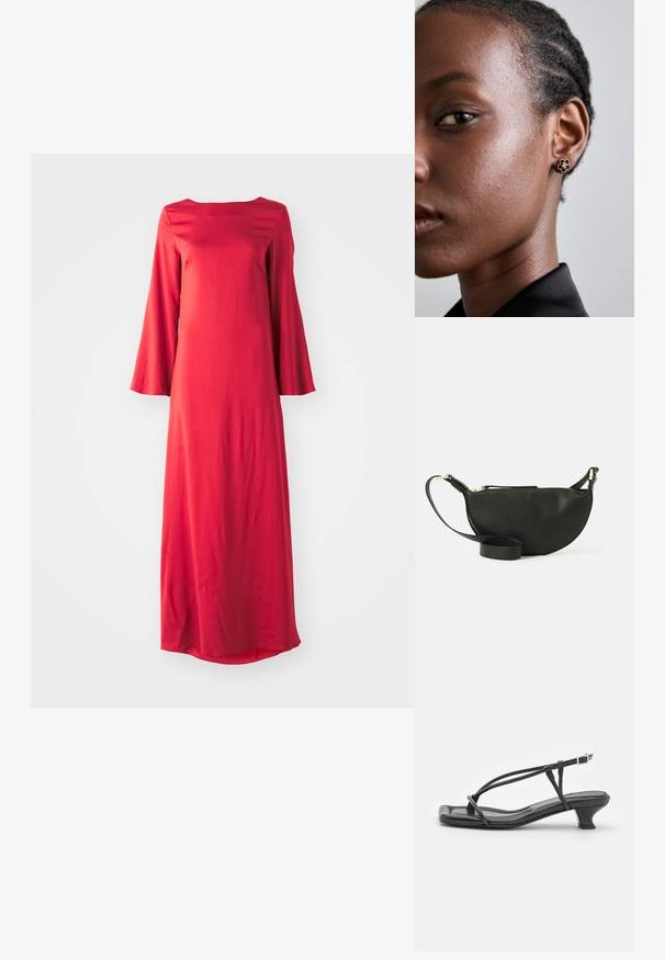 Dlouhé červené šaty z lehkého materiálu, s lodičkovým výstřihem a širokými zvonovými rukávy. Hladká textura s rovnou siluetou.; Černé kožené sandály s tenkými pásky, nízkým blokovým podpatkem a čtveratou špičkou. Obsahují přezku a mají hladkou texturu.; Černá kožená taška přes rameno ve tvaru půlměsíce, texturovaný povrch, zlatý zip a plochý popruh. Kompaktní design vhodný pro nezbytnosti.; Zlaté květinové náušnice mají texturované černé střed a jemné detaily. Modelova jasná pleť a splétané vlasy jsou viditelné v profilu.