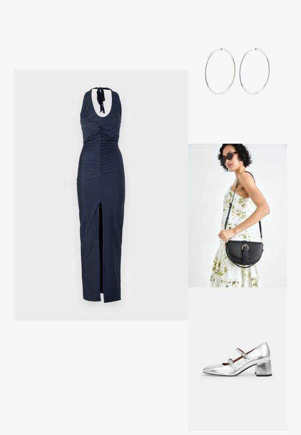 Mornarji modra obleka z halter vratom z nabranim teksturama, stranskim razporkom in odprtim hrbtom. Tkanina je gladka in prilegajoča skozi celotno silhueto.; Srebrni usnjeni Mary Jane peto z dvema nastavljivima trakama, kvadratnim prstom in debelim blokastim peto. Gladka tekstura z metalnim zaključkom.; Črna usnjena torbica s ukrivljeno obliko, z odstranljivo naramnico in zlatimi dodatki. Torbica ima pokrov s podrobnostmi v obliki zaponke.; Srebrne obročaste uhane z gladkim, okroglim dizajnom in poliranim zaključkom. So tanke in lahke, z enostavnim zapiranjem na sponko.