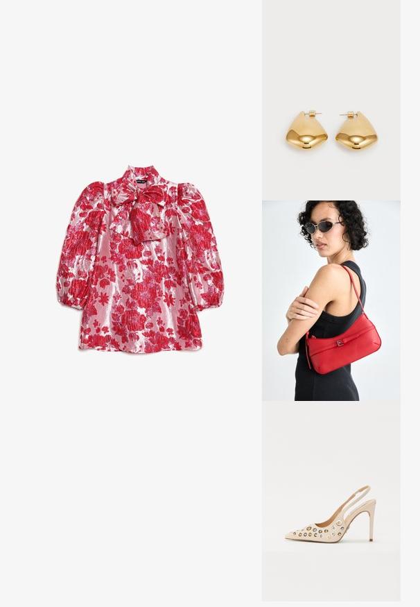 Rode gebloemde blouse met pofmouwen, hoge hals en strikdetail. Gemaakt van glanzende stof met een patroon van grote bloemen op een roze achtergrond.; Beige, gepatineerd leren slingback hak met een puntige neus. Bevat meerdere ronde ogen in goud- en zilvertinten. Stiletto hak ontwerp.; Rode leren schoudertas met een gladde textuur, gebogen ontwerp en een decoratieve sluiting. Verstelbare schouderband en ritssluiting.; Goudkleurige metalen oorbellen met een glad, afgerond driehoekig ontwerp en een post-back sluiting; reflecterend oppervlak met minimale details.