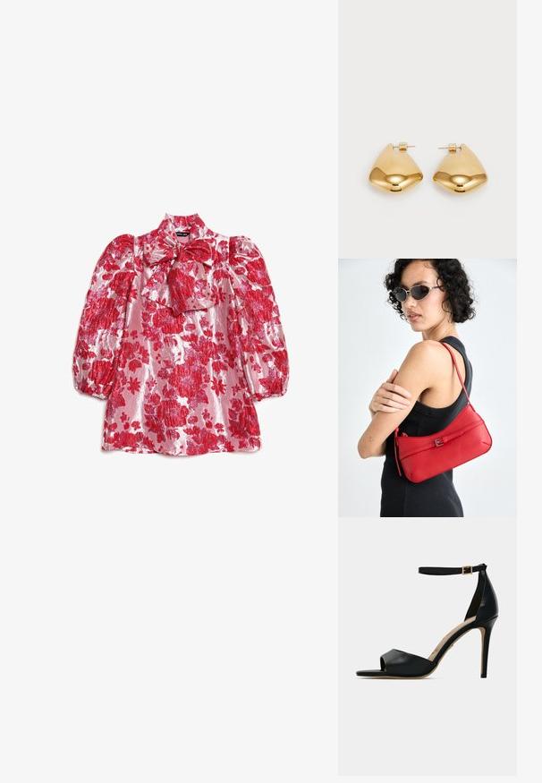 Sarkana ziedu blūze ar pūkainām piedurknēm, augstu apkakli un loku detaļu. Izgatavota no spīdīga auduma ar lielu ziedu rakstu rozā fonā.; Melnas augstpapēžu sandales ar atvērtu purngalu, gluda ādas virsma, potītes siksniņa ar zelta sprādzi un bēša pēdiņa.; Sarkans ādas plecu soma ar gludu tekstūru, izliekta dizaina un dekoratīvu sprādzi. Regulējams siksna un rāvējslēdzēja aizdare.; Zelta krāsas metāla auss gredzeni ar gludu, apaļu trīsstūra formu un āķa aizmuguri; atstarojoša virsma ar minimālu apdari.