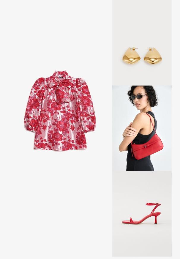 Red floral blouse with puff sleeves, high neck, and bow detail. Made of shiny fabric with a pattern of large flowers on a pink background.; Red patent leather high-heeled sandals with two slim straps across the toes and a buckled ankle strap; square toe design, 5 cm heel.; Red leather shoulder bag with a smooth texture, curved design, and a decorative buckle accent. Adjustable strap and zip closure.; Gold-tone metal earrings with a smooth, rounded triangular shape and post-back design; reflective surface with minimal detailing.
