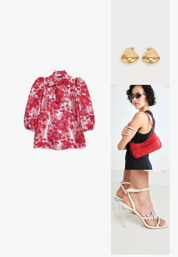 Punane lillemustriga pluus padjandatud varrukatega, kõrge kaelusega ja lipsu detailiga. Valmistatud läikivast kangast, millel on suurte lillede muster roosal taustal.; Valged rihmaga kontsakingad, millel on selged, iridescentsed plokknõud ja dekoratiivsed liblika aktsendid rihmadel. Sile nahktekstuuri.; Punane nahast õlalauk sujuva tekstuuriga, kaarjate joontega ja dekoratiivse lukuga. Reguleeritav rihm ja lukuga sulgemine.; Kuldtoon metall kõrvarõngad, millel on sile, ümar kolmnurkne kuju ja tagaküljel olev kinnitamine; peeglilaadne pinda, millel on minimaalne detailide hulk.